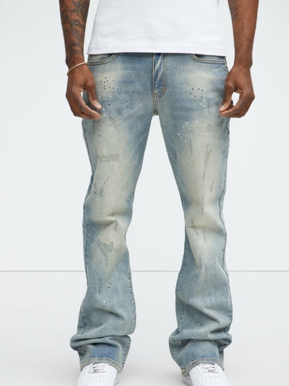 Nova Men • NWT $65 Ripped and Bleach splatted stacked Slim Flare Jean - Picture 2 of 5